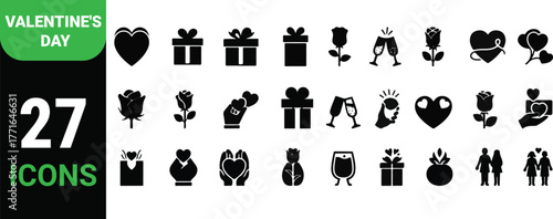 Collection of 27 valentine s day icons featuring hearts gifts roses couples and more