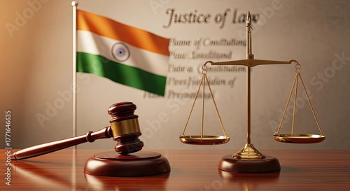 Symbolizing justice and law in India, a gavel stands beside scales of justice with the Indian flag waving gently in the background