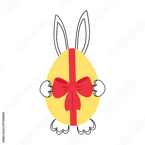 Outline Hand Drawn Cute Bunny Holding Egg with tied ribbon bow Happy Easter Greeting design Element