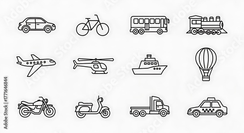 Transportation Icons - Car, Bike, Bus, Train, Plane, Helicopter, Ship, Balloon, Motorcycle, Scooter, Truck, Taxi.