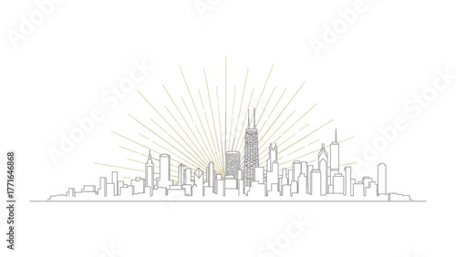 City Skyline Silhouette with Sunshine: An artistic illustration of a city skyline at sunrise, the sun's rays radiating outwards, creating a dynamic and visually appealing image. 