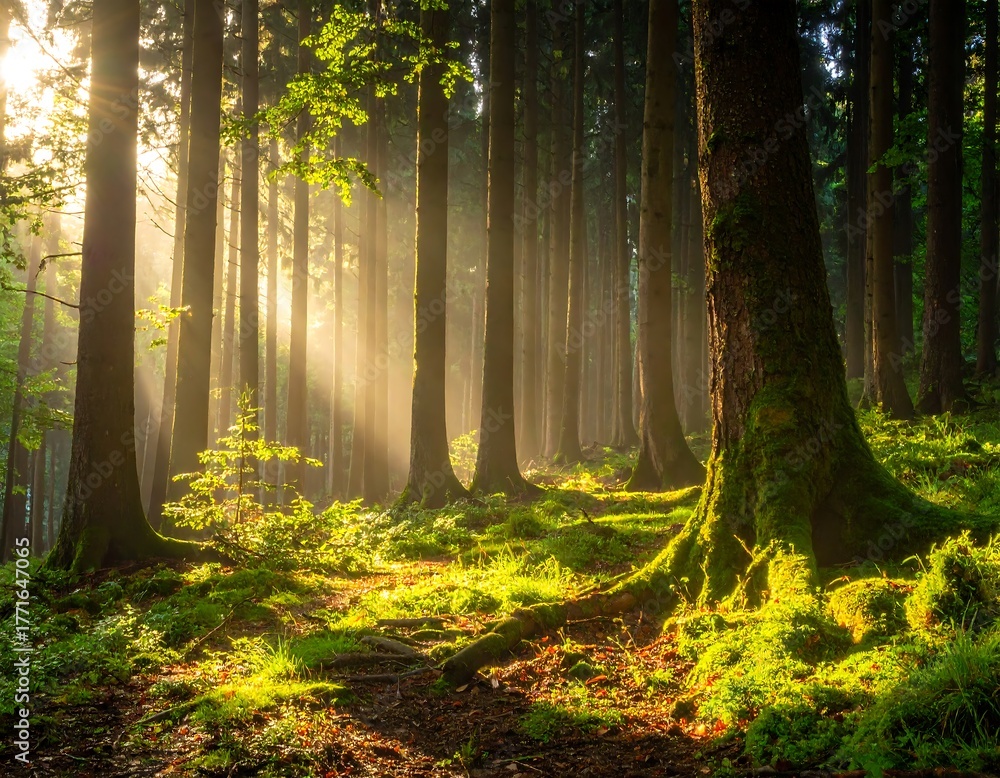 Fototapeta premium Sunlit Forest Path - A Serene Woodland Scene.