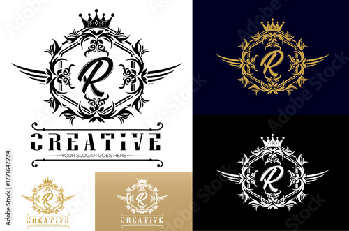 Ornate Creative luxury r logo design template. Vintage monogram r branding crown wings decorative floral frame in white, dark blue, black and gold. Vector illustration, Premium identity.