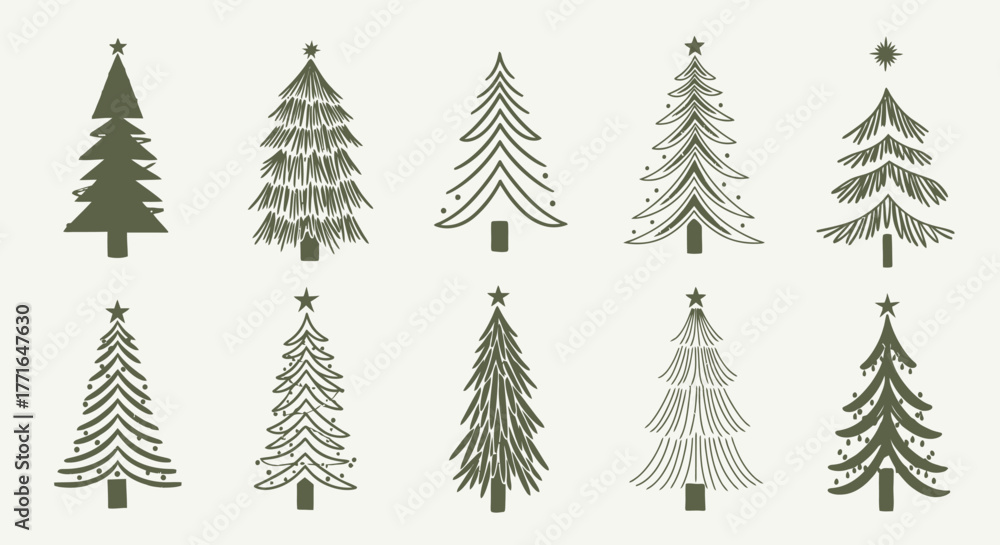 Obraz premium Collection of ten stylized Christmas tree illustrations with stars, arranged in two rows on a light background.
