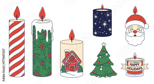 Collection of festive candles with various Christmas themes: stripes, holly, house, stars, Santa, tree, and holiday greetings.