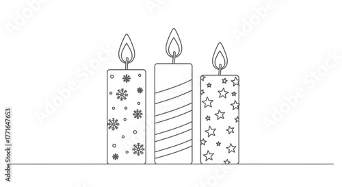 Three decorated candles with flames, featuring snowflakes, stripes, and stars, set against a white background.