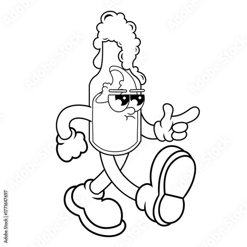Retro character design of angry beer bottle outline