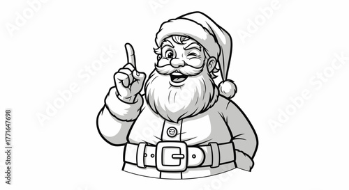 Cartoon illustration of Santa Claus winking and pointing upwards with his index finger.