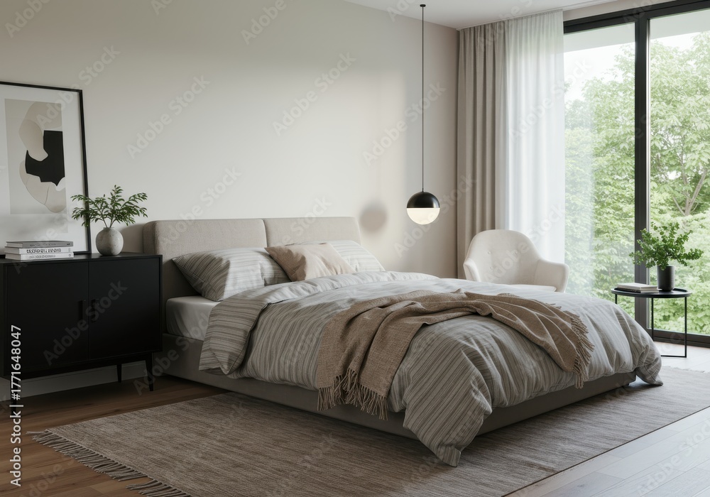 Fototapeta premium Minimalist bedroom interior design features neutral tones and natural light filtering through large windows