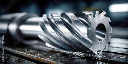 Close-up of Large Helical End Mill Cutter on Industrial Machine Surface