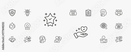 A collection of core values icons suitable for web and mobile application. Set of outline style icons with integrity, innovation, teamwork, excellence, and more icons.