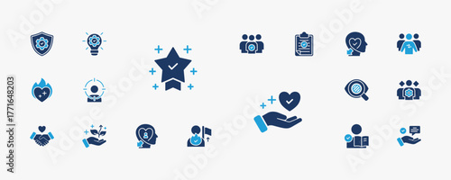 A collection of core values icons suitable for web and mobile application. Set of glyph blue style icons with integrity, innovation, teamwork, excellence, and more icons.