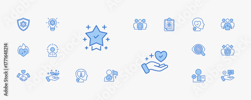 A collection of core values icons suitable for web and mobile application. Set of outline blue style icons with integrity, innovation, teamwork, excellence, and more icons.