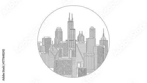 City Skyline in Circle: A stylized city skyline, rendered in clean lines, gracefully contained within a circular frame, showcasing the urban landscape.
