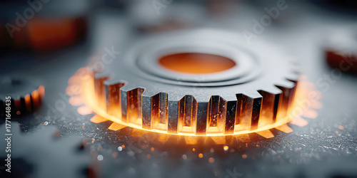 Macro Close-up of Industrial Gear Teeth Glowing with Hot Orange Heat Treatment Light