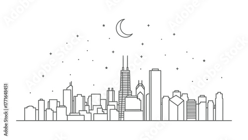 Cityscape Silhouette at Dusk: A minimalist line drawing depicts a city skyline under a moonlit sky. Featuring skyscrapers, buildings, and celestial elements, it evokes a sense of urban tranquility.