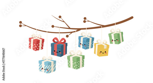 Colorful miniature gift boxes hanging from a branch during Christmas  