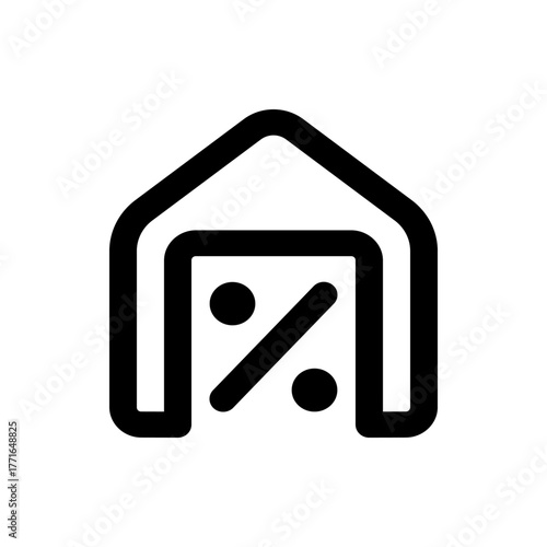 Illustration of a house shape containing a percentage sign, depicted in a bold black outline style icon