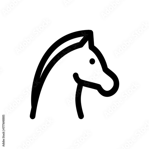Simple line drawing of a horse head with a curved neck and a small round eye in black and white color 100 char