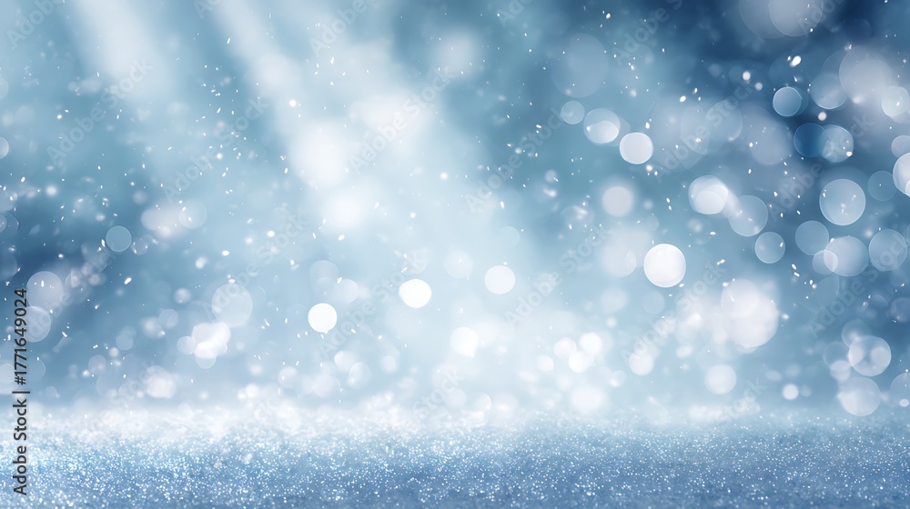 Fototapeta premium Abstract blue winter background with snow and glitter lights for christmas card