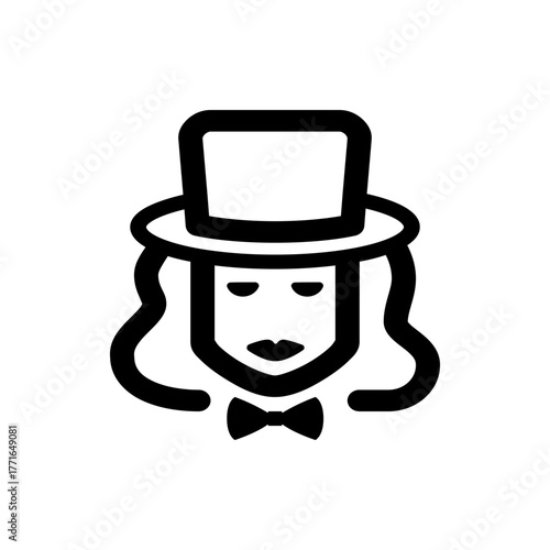 Stylized drawing of a person with a top hat long wavy hair and bow tie in black and white minimalist style