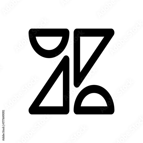 Abstract geometric arrangement featuring triangles and semicircles in a bold black and white design style