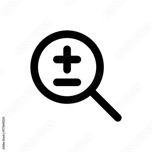 A black magnifying glass icon with a plus and minus symbol inside the circle on a white background view image