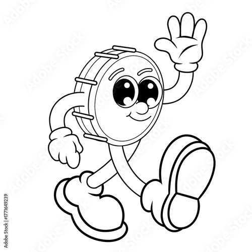 Retro character design of snare drum greets outline