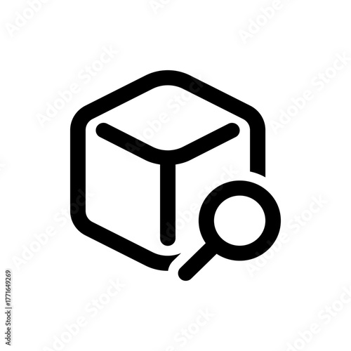 Illustration of a black outline of a cube with an internal y shape and a magnifying glass icon next to it