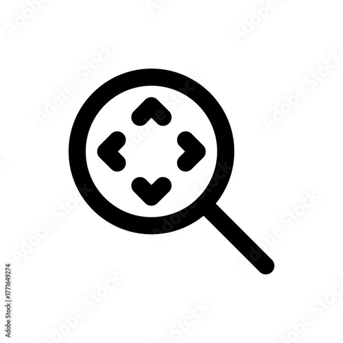 A magnifying glass with four arrows pointing inwards towards the center of the magnifying glass icon image