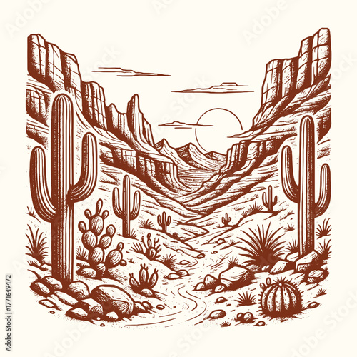 Vintage vector illustration of desert canyon with cactus and mountains, engraved line art style, perfect for travel or outdoor mockup design.