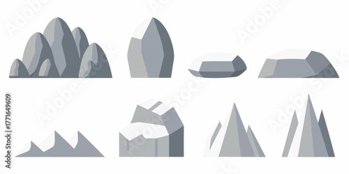 Collection of diverse abstract geometric rock formations and mountain peaks in shades of grey and white