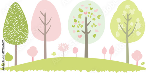 A vibrant set of Easter eggs rests in the grass of a cheerful spring meadow with flowers under a bright sky