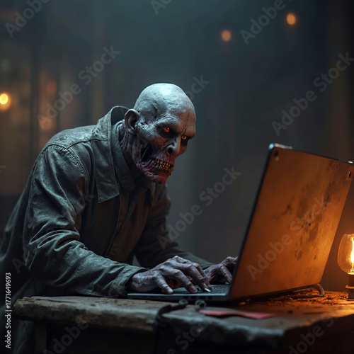 Funny death man with computer
