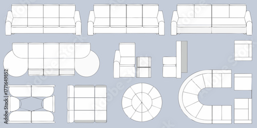 Collection of modern furniture designs including sofas sectionals and chairs in various configurations and views