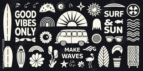 Collection of retro surf and beach themed illustrations and text elements