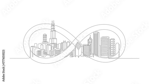 Endless Cityscape: An infinite loop showcases an urban skyline, embodying the perpetual energy and growth of a bustling city.