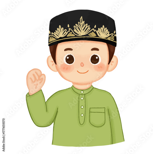 Cute Muslim boy in green traditional attire and songkok cap waving a friendly greeting for Eid al-Fitr celebration