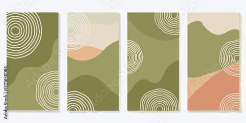 Set of four abstract organic shapes and concentric circle patterns in muted earthy tones