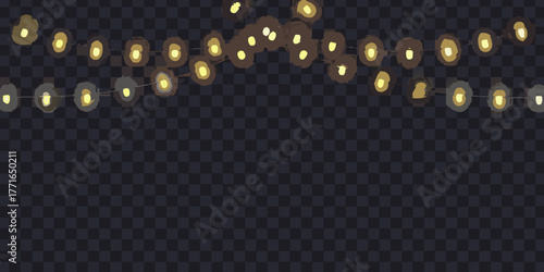 Festive string lights with warm yellow glow against a dark checkered background
