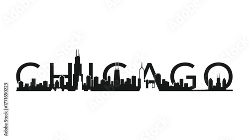 Chicago Skyline Silhouette: A minimalist graphic showcases the iconic Chicago skyline, with skyscrapers and landmarks forming the city's name. Capturing urban charm and architectural beauty.