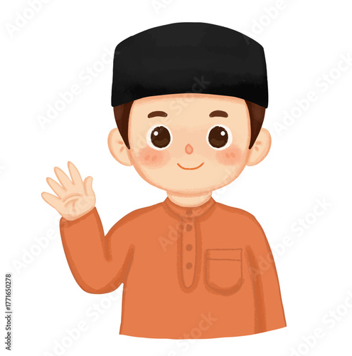 A cheerful cartoon illustration of a young Muslim boy wearing an orange outfit waving hello