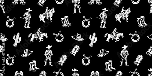 Seamless pattern of vintage western cowboy icons including horses cacti hats boots and lasso on black background