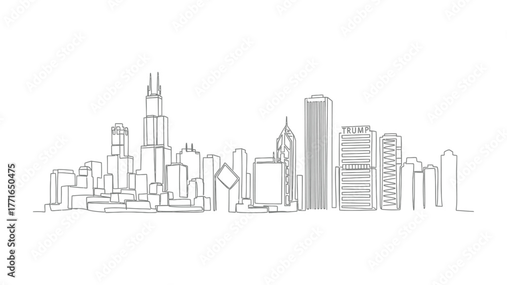 Fototapeta premium Chicago Skyline: A minimalistic depiction of Chicago's iconic skyline. The architectural masterpiece, showcasing the city's ambition and modernity. A stark and elegant representation.