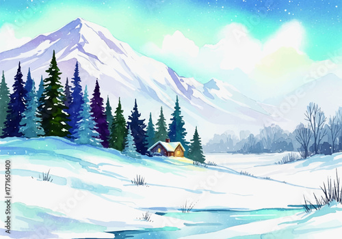 Cozy winter holiday cabin in a snowy mountain landscape, a serene watercolor background for festive designs
