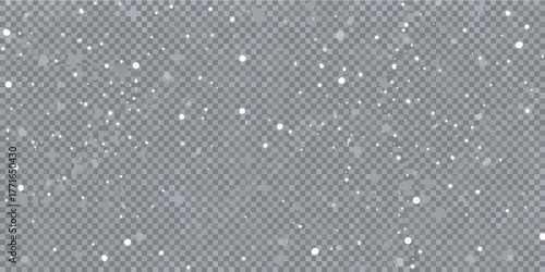 Realistic falling snow overlay on a transparent checkered background for winter graphics and design