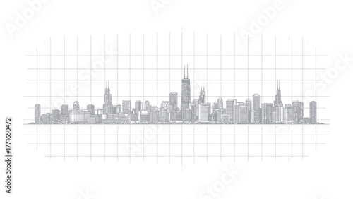 City Skyline Sketch: A minimalist monochrome sketch of a city skyline, featuring a cluster of skyscrapers and buildings. Captured with clean lines and geometric shapes.