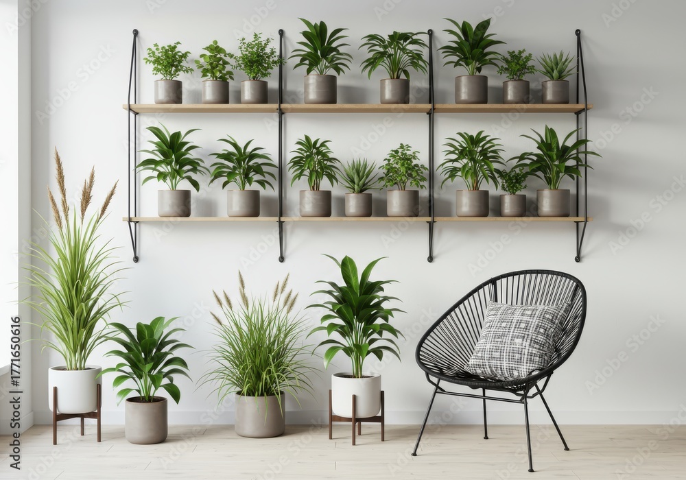 Fototapeta premium Numerous potted greenery arrangements adorn light interior wall space above modern seating