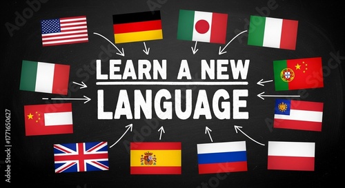 Learn a new language text surrounded by country flags