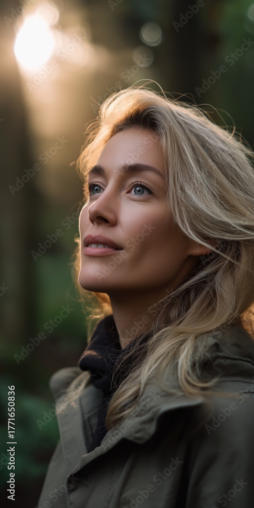 Obraz premium Caucasian young adult female enjoying a forest walk at sunrise